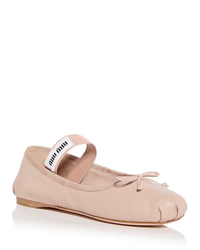 MIU MIU Logo-patch Satin Ballet Flats In Nude & Neutrals Product Image