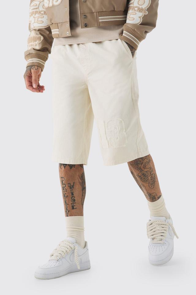 Tall Elasticated Waist Applique Jorts | boohooMAN USA Product Image