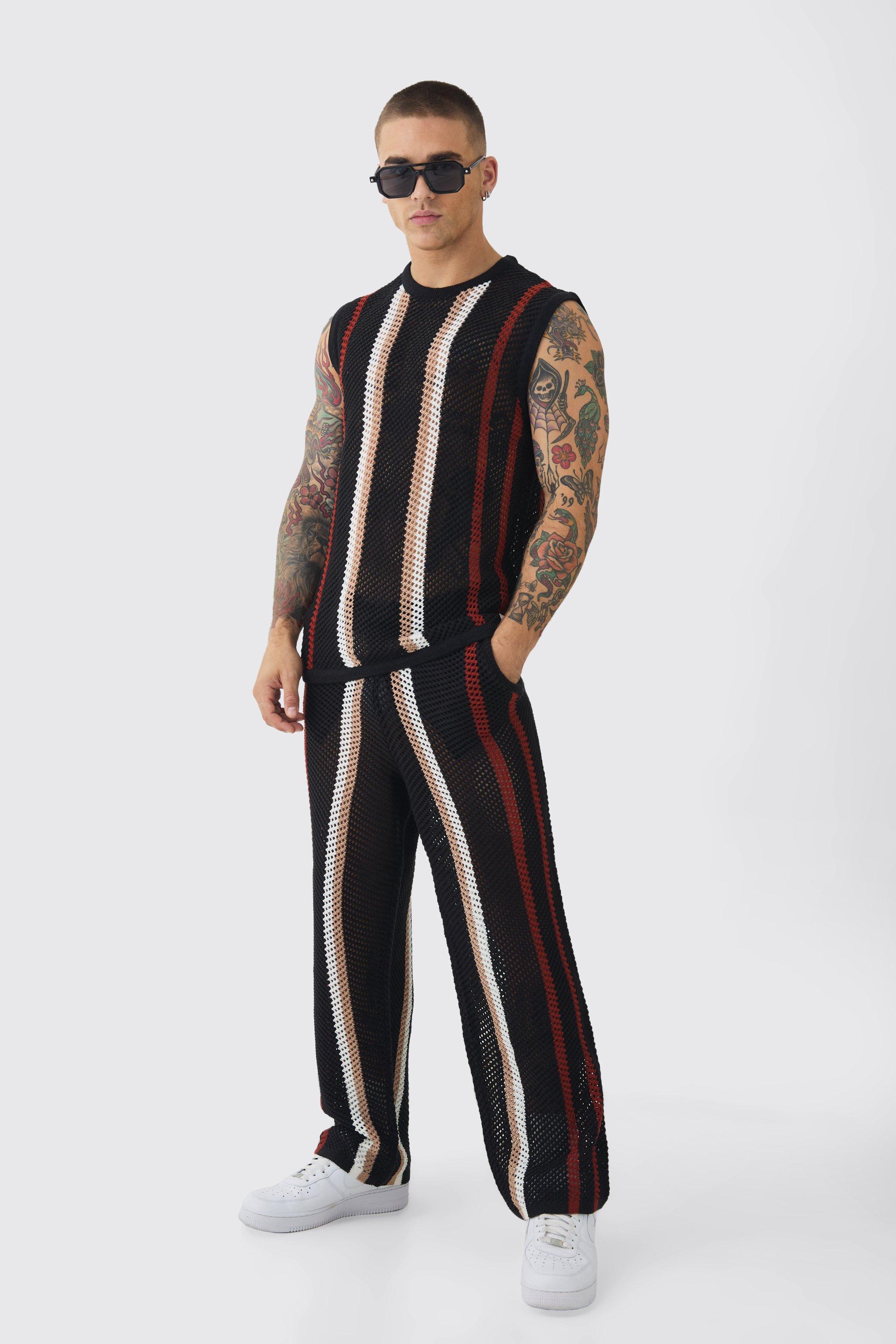 Oversized Open Stitch Stripe Knitted Tank & Pants Set | boohooMAN USA Product Image