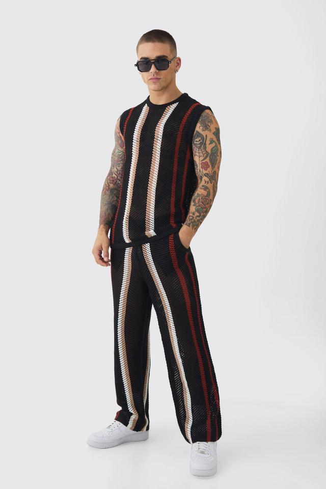 Mens Black Oversized Open Stitch Stripe Knitted vest & Trouser Set, Black Product Image