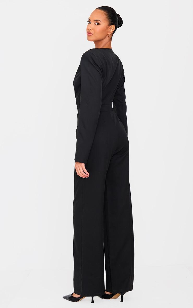 Black Woven Plunge Long Sleeve Straight Leg Jumpsuit Product Image