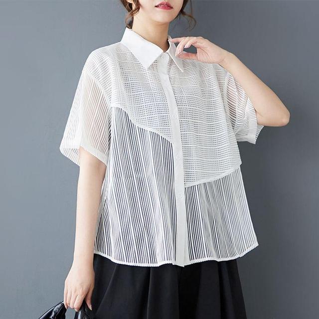 Elbow-Sleeve Collared Mesh Panel Sheer Button-Up Blouse Product Image