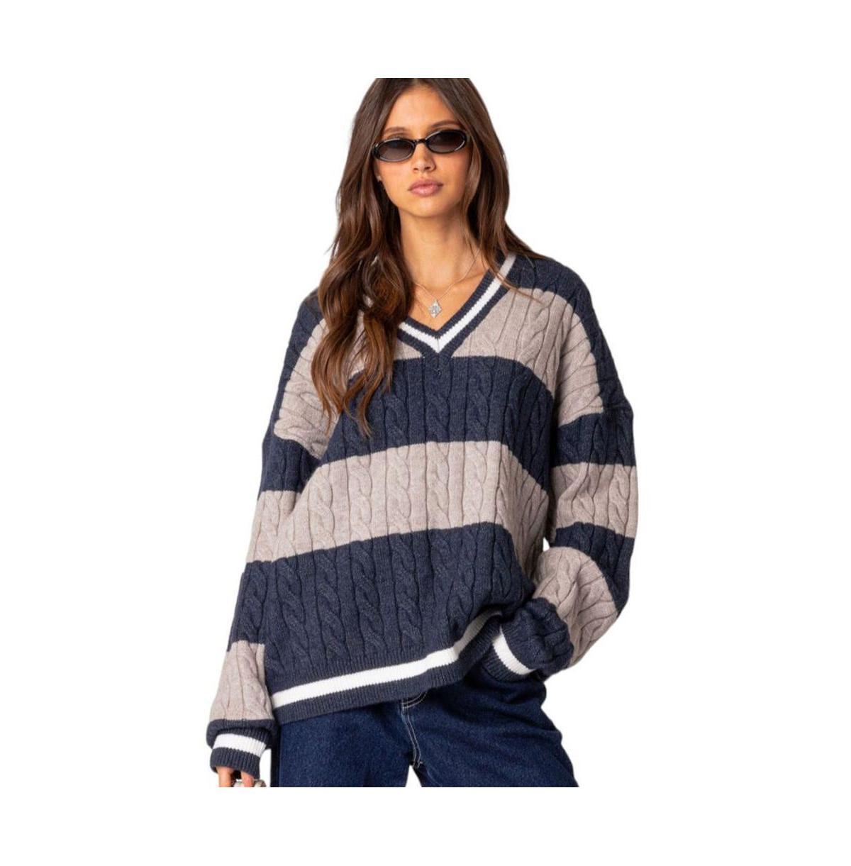 Edikted Romie V Neck Cable Knit Sweater Product Image