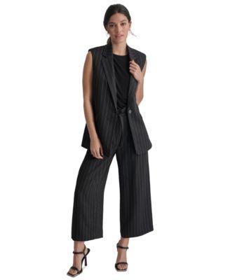 Dkny Womens Striped One Button Sleeveless Blazer Crewneck Sleeveless Side Ruched Knit Top Pinstripe Mid Rise Paperbag Waist Cropped Pants Product Image