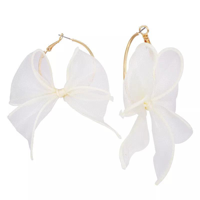 Berry Jewelry Large Organza Cream Bow Ribbon Gold Tone Hoop Earrings, Womens, White Product Image