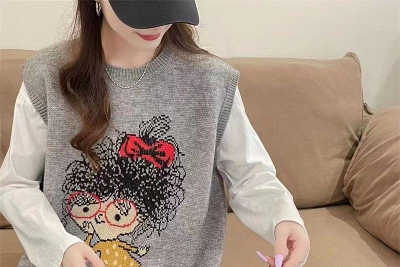 Crew Neck Cartoon Jacquard Sweater Vest Product Image