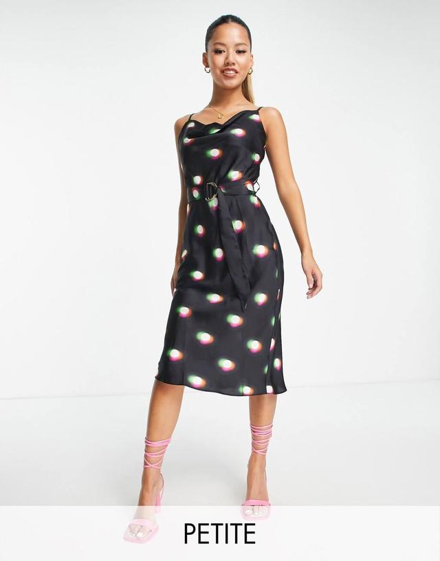 River Island Petite belted cowl neck midi slip dress in black spot print Product Image