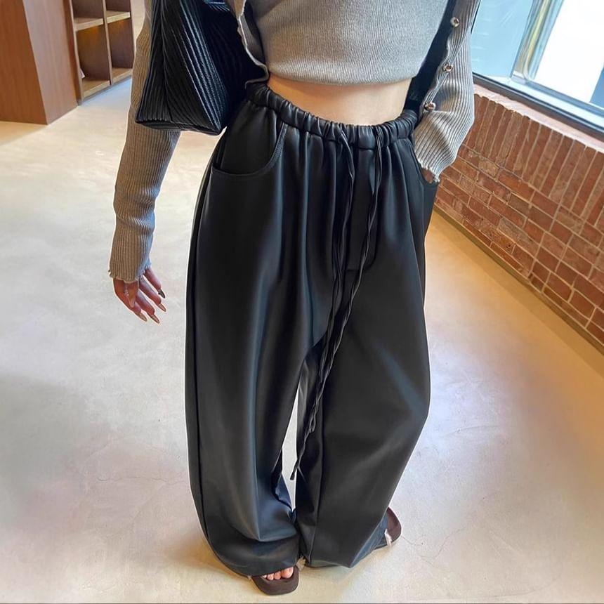 High Rise Faux Leather Wide Leg Pants Product Image