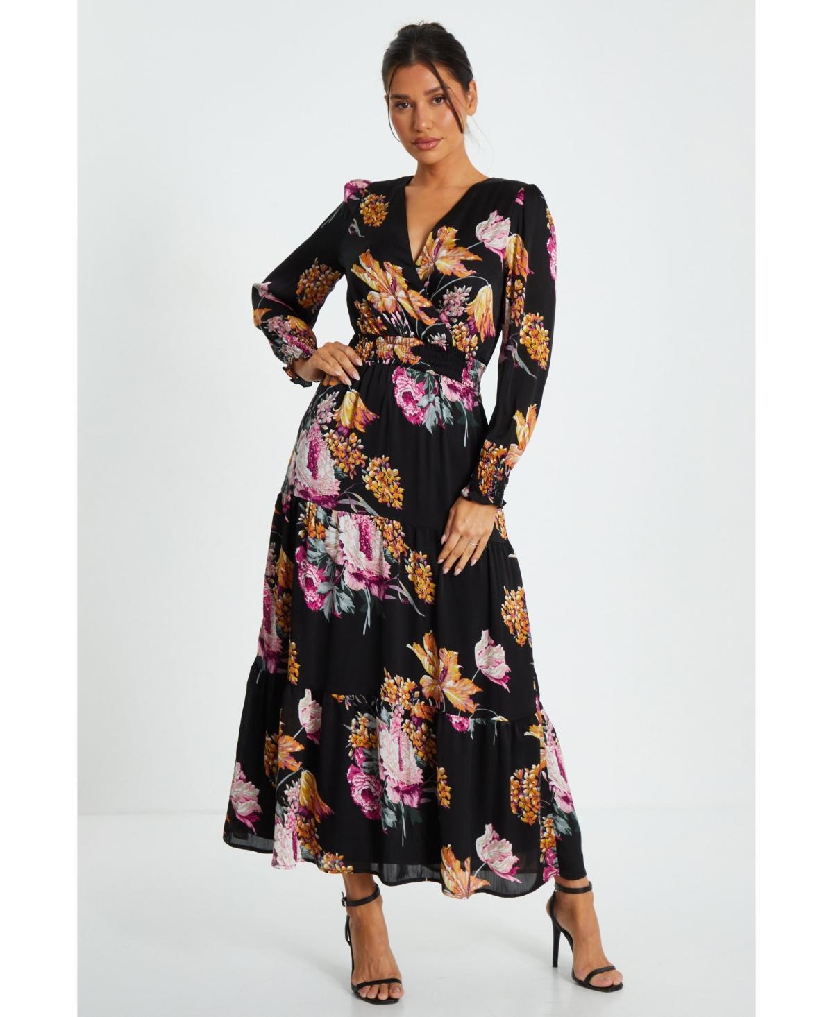 Women's Black Floral Chiffon Tiered Hem Maxi Dress Product Image