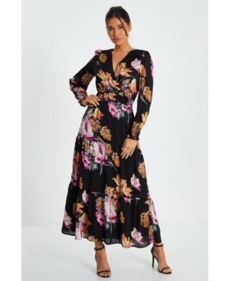 Women's Black Floral Chiffon Tiered Hem Maxi Dress Product Image