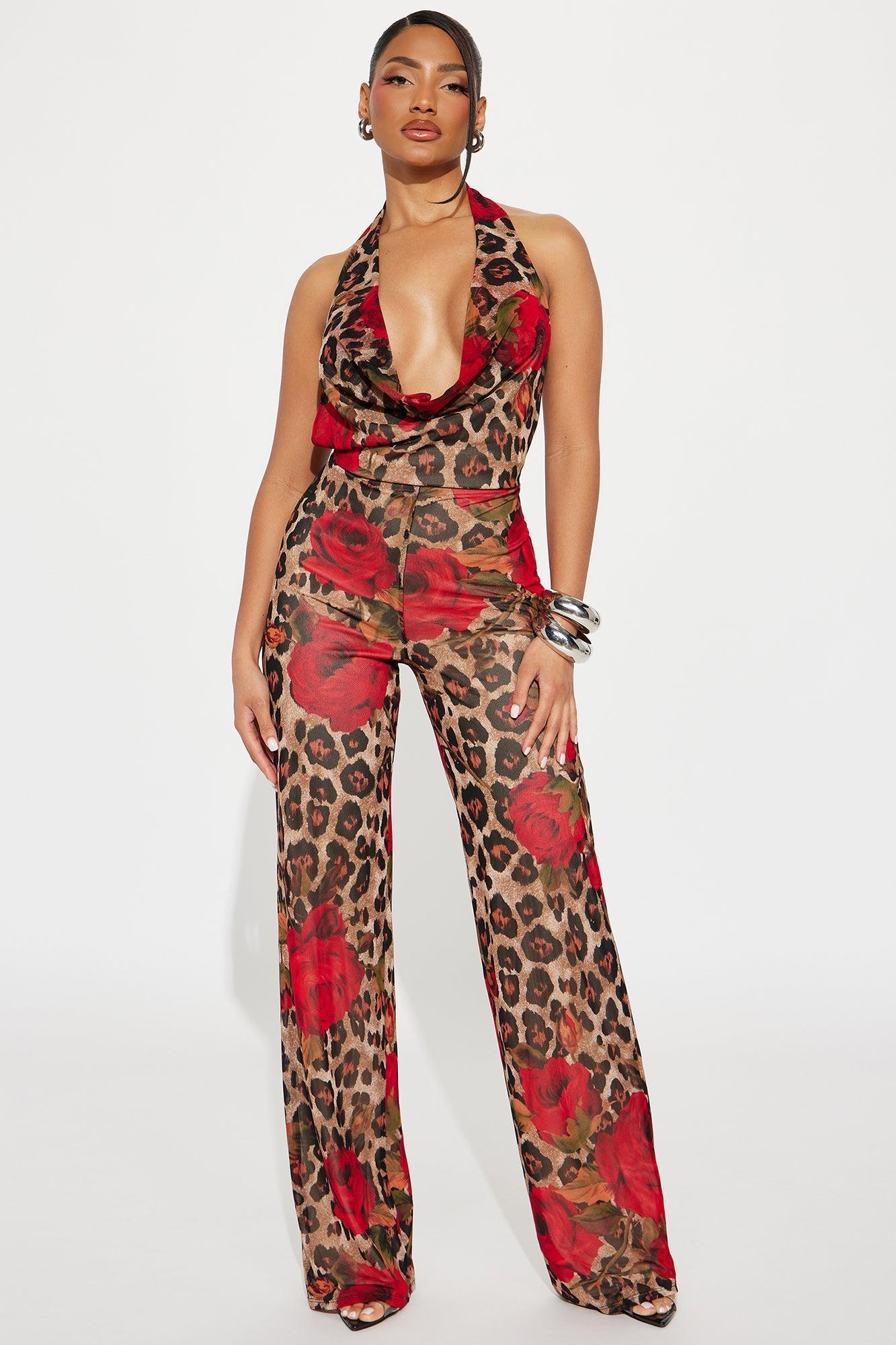 Leopard Rose Cowl Neck Jumpsuit  - Brown/combo Product Image