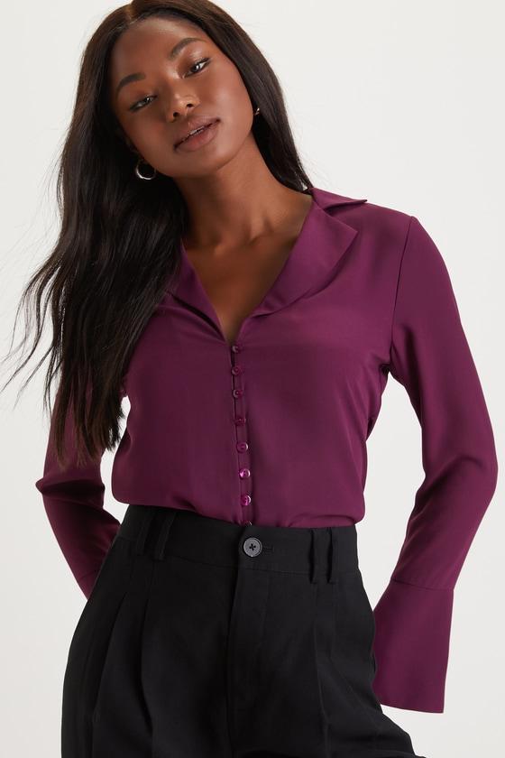 Sophisticated Presence Purple Collared Long Sleeve Button-Up Top Product Image