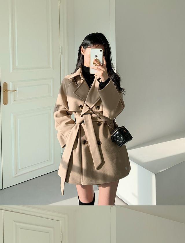 Long Sleeve Lapel Double-Breasted Belted Woolen Blend Coat Product Image