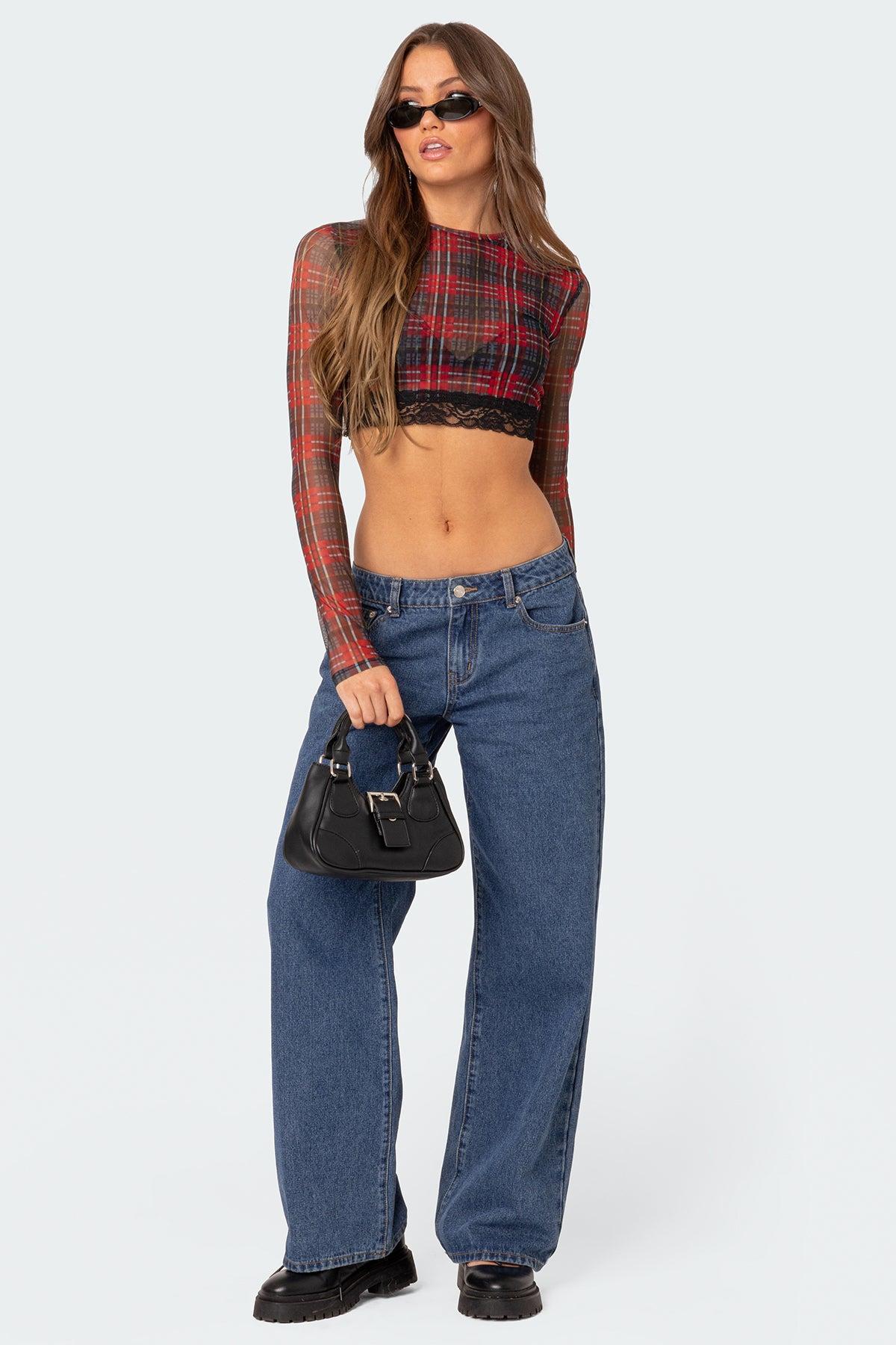 Noel Plaid Printed Mesh Crop Top Product Image