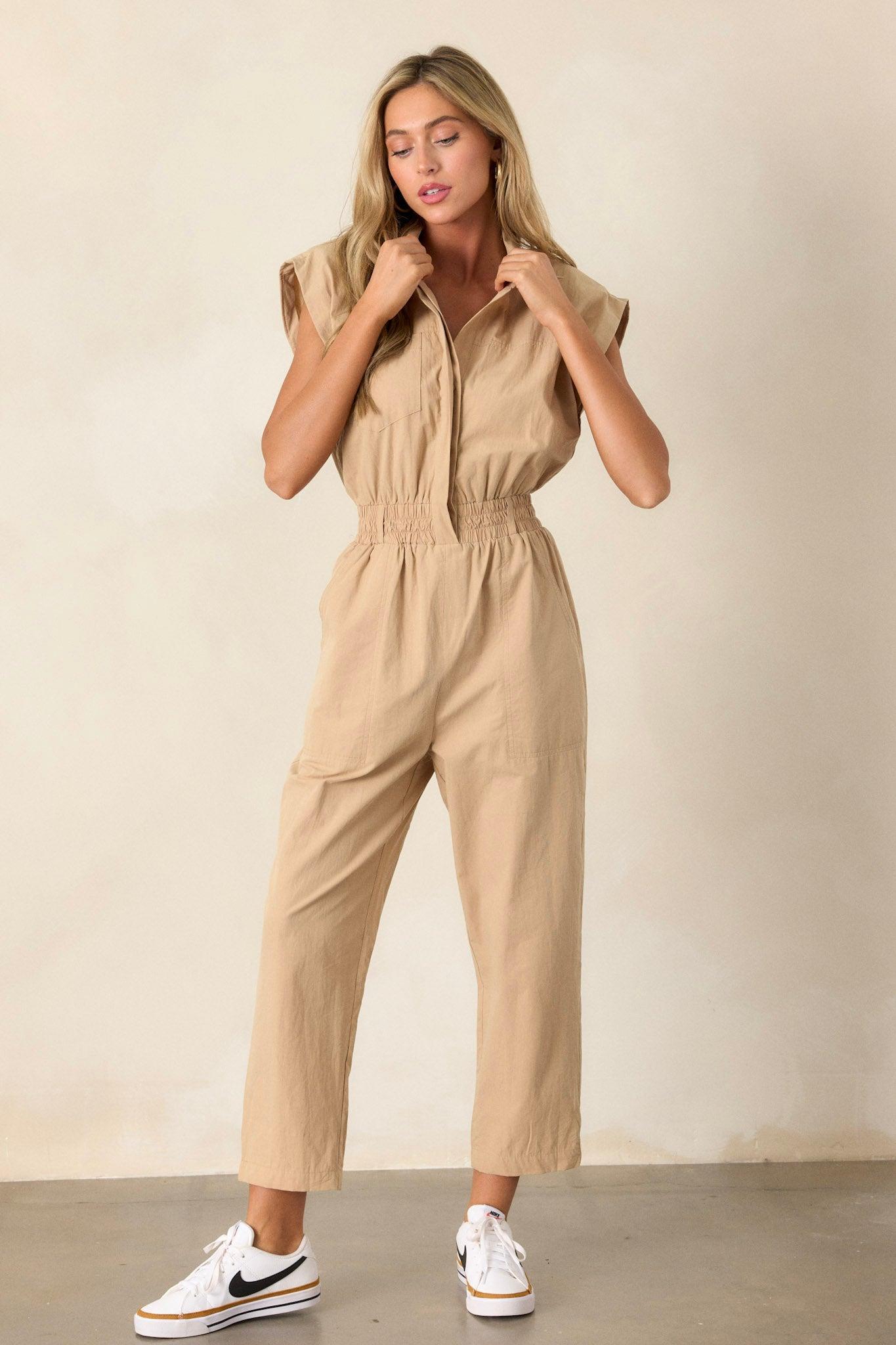 But A Dream Taupe Cotton Cargo Jumpsuit Product Image