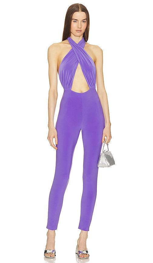 Norma Kamali x REVOLVE Cross Halter Jumpsuit in Purple. Product Image