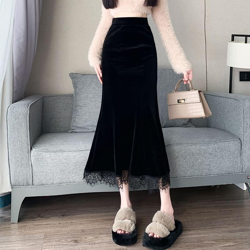 High Rise Velvet Lace Trim Midi Mermaid Skirt Product Image