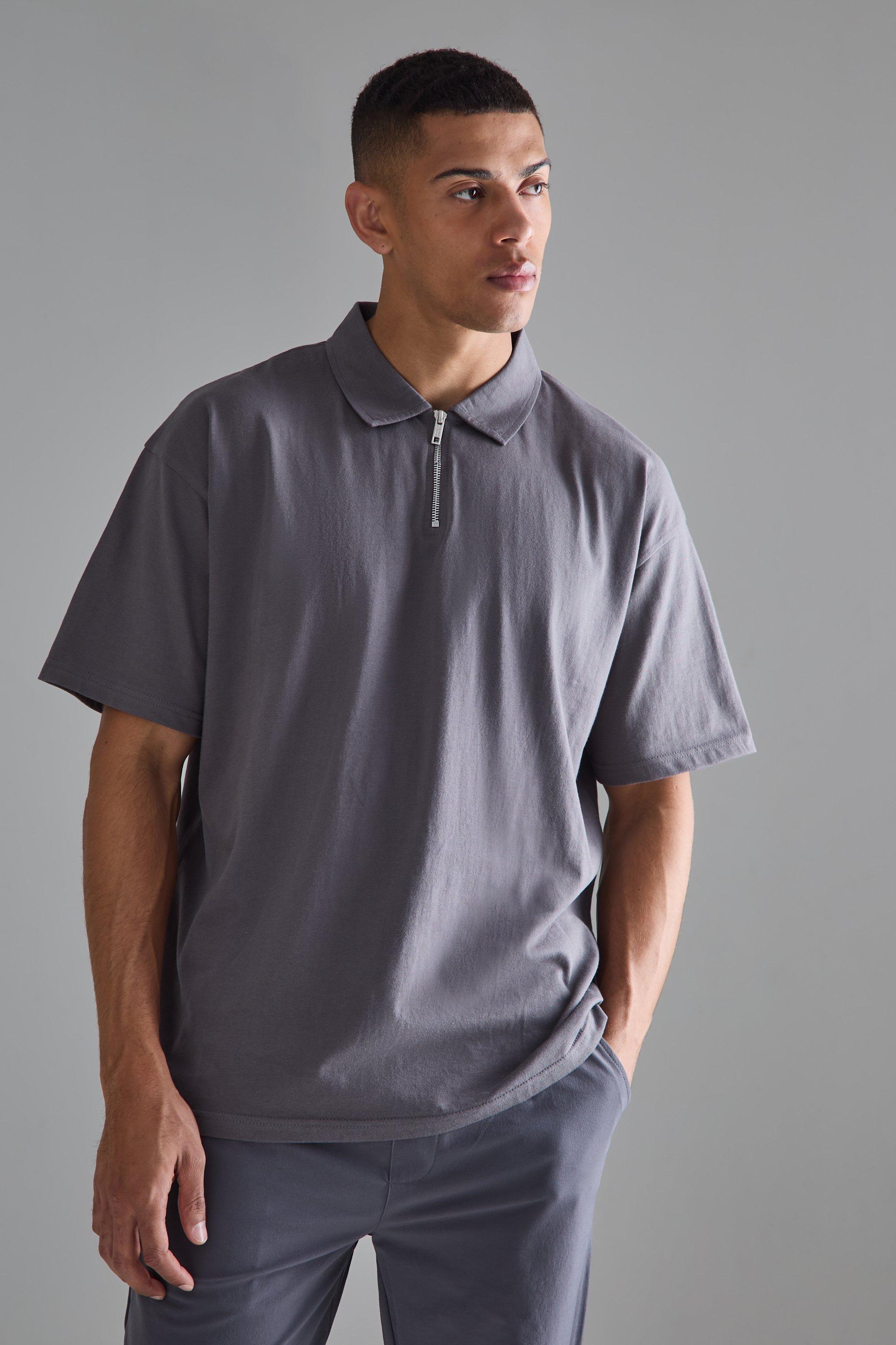 Mens Grey Oversized Zip Neck Polo, Grey Product Image