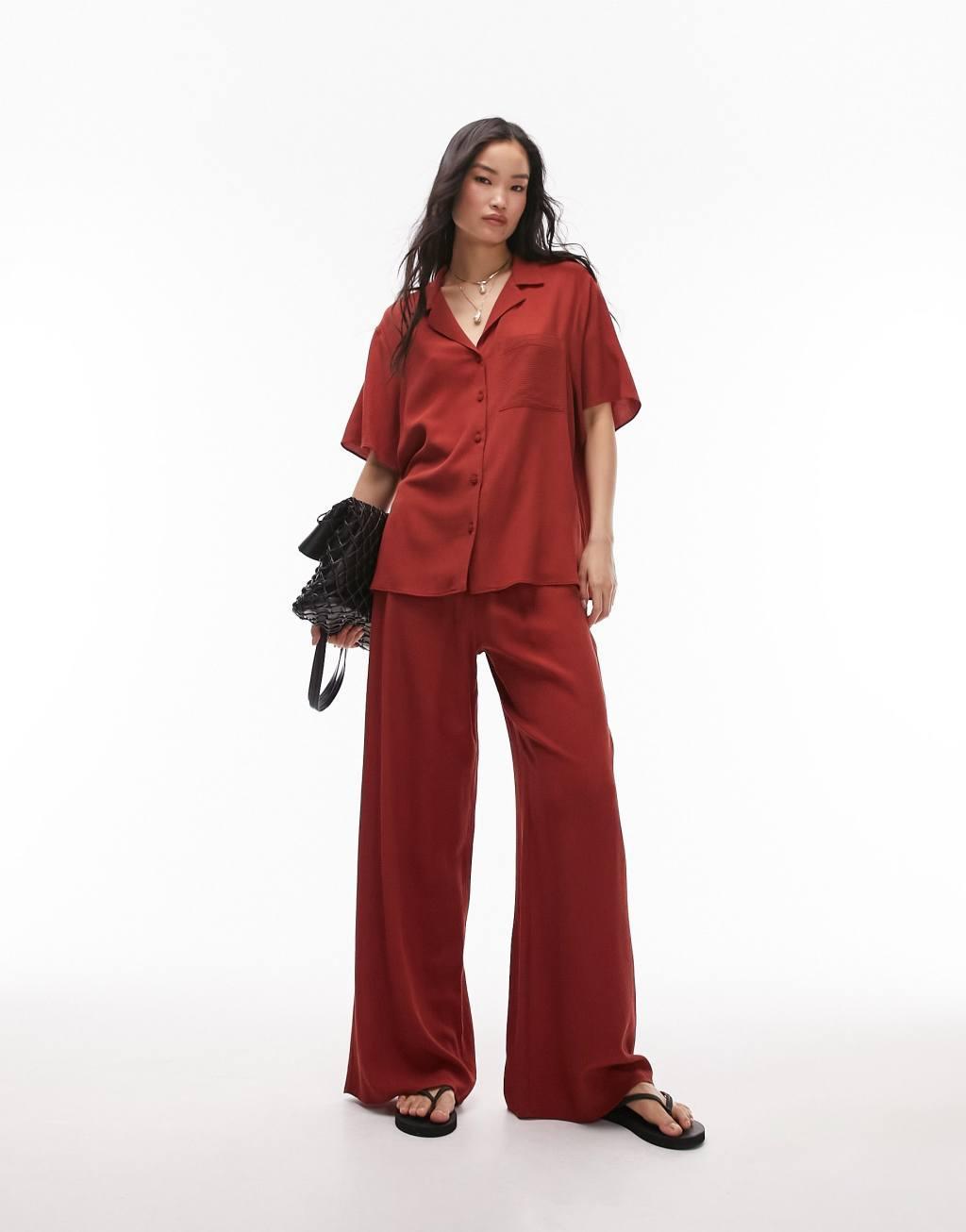 Topshop pull on crinkle wide leg pants in rust - part of a set Product Image