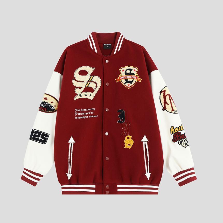 Patched Button-Up Baseball Jacket Product Image