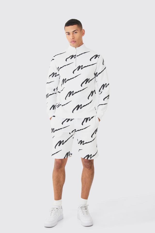 Man Signature All Over Print Slim Quarter Zip Short Tracksui | boohooMAN USA Product Image