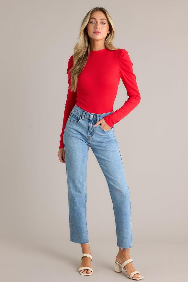 Chic Minimalist Long Sleeve Ribbed Red Top Product Image