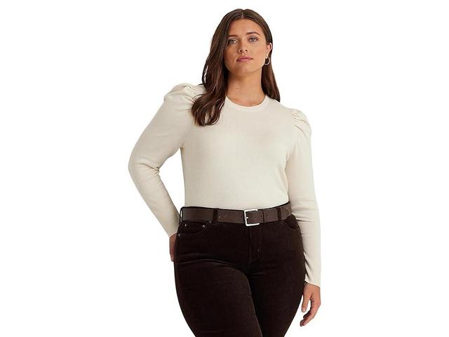 LAUREN Ralph Lauren Plus-Size Cotton-Blend Puff-Sleeve Sweater (Mascarpone Cream) Women's Sweater Product Image