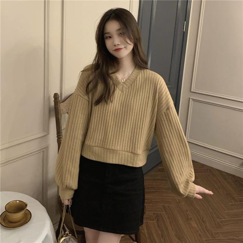 Drop Shoulder V-Neck Plain Ribbed Knit Sweater Product Image