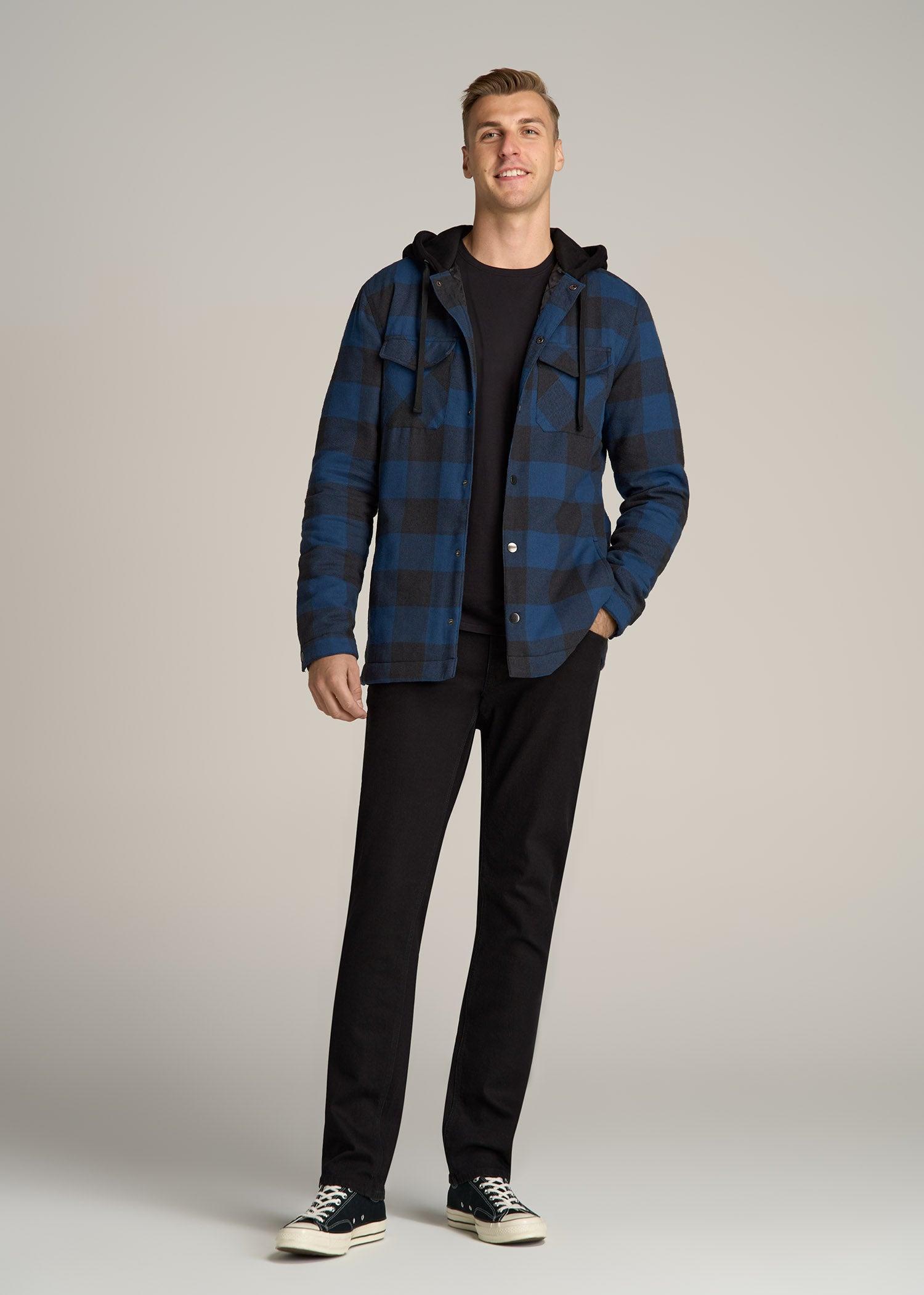 Hooded Flannel Shirt Jacket for Tall Men in Black and Blue Check Product Image