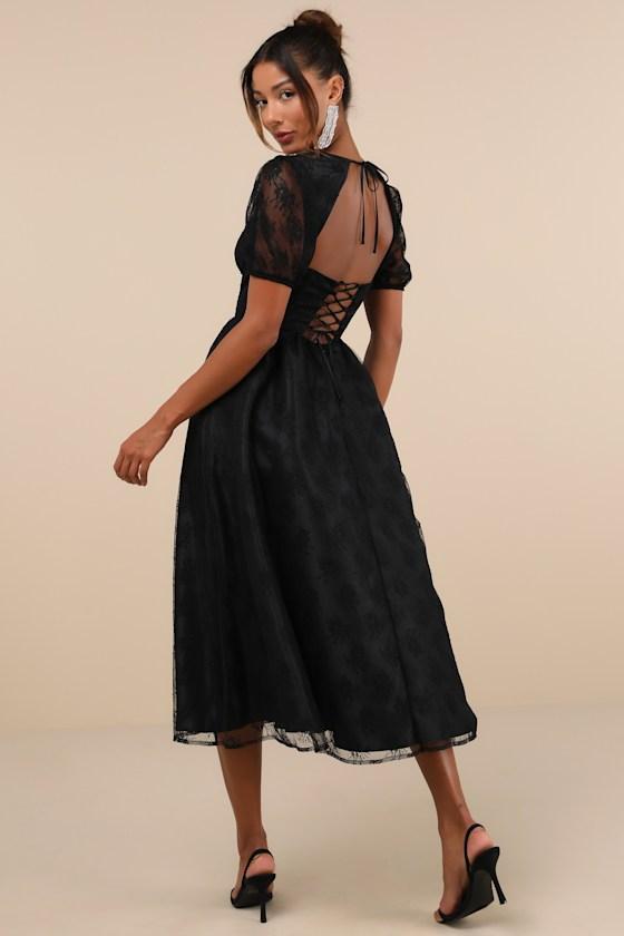 Remarkable Grace Black Lace Puff Sleeve Bustier Midi Dress Product Image