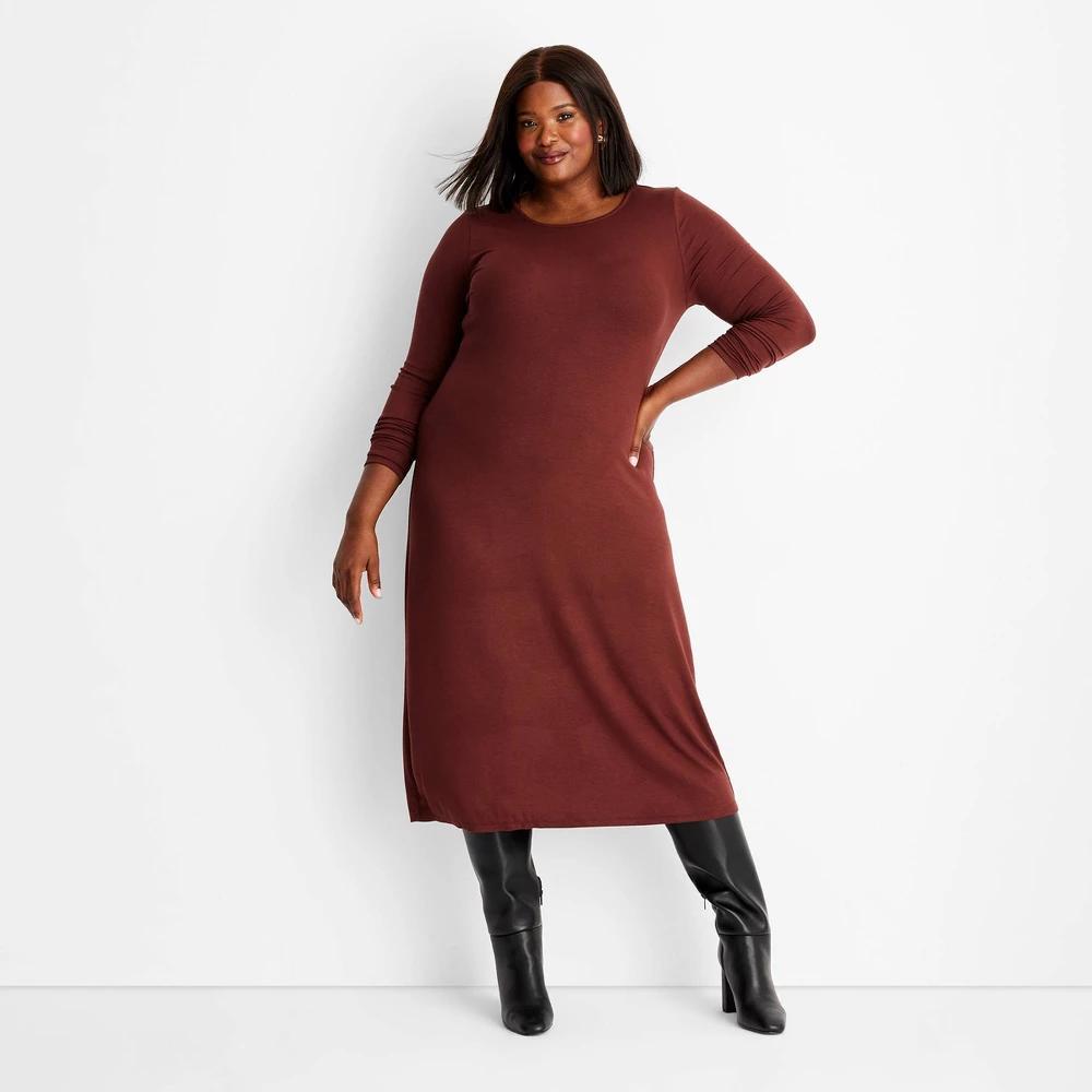 Womens Long Sleeve Ribbed Midi Bodycon Dress - A New Day Brown XXL Product Image