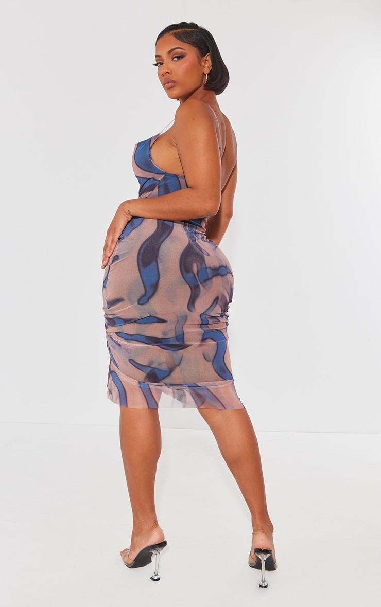 Shape Blue Zebra Print Mesh Cowl Ruched Midi Dress Product Image