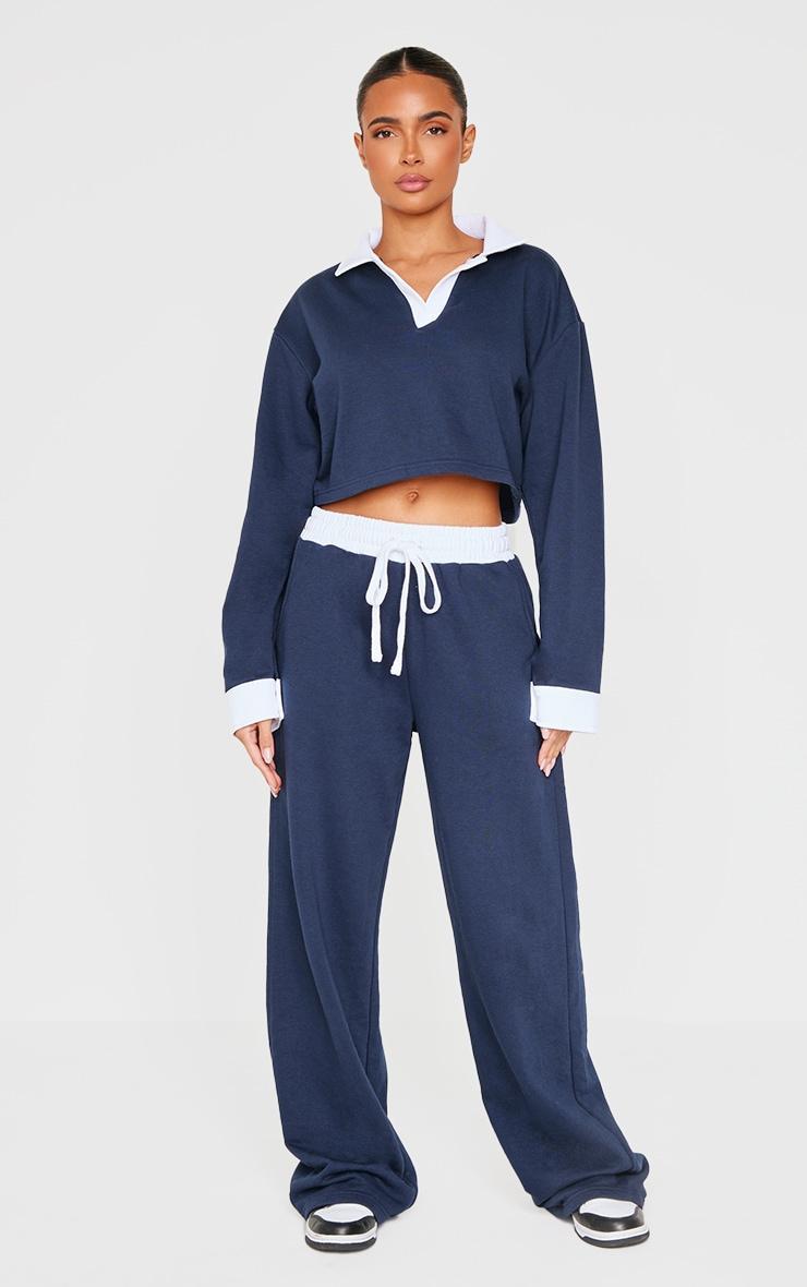 Navy Contrast Panel Collared Cropped Sweatshirt Product Image