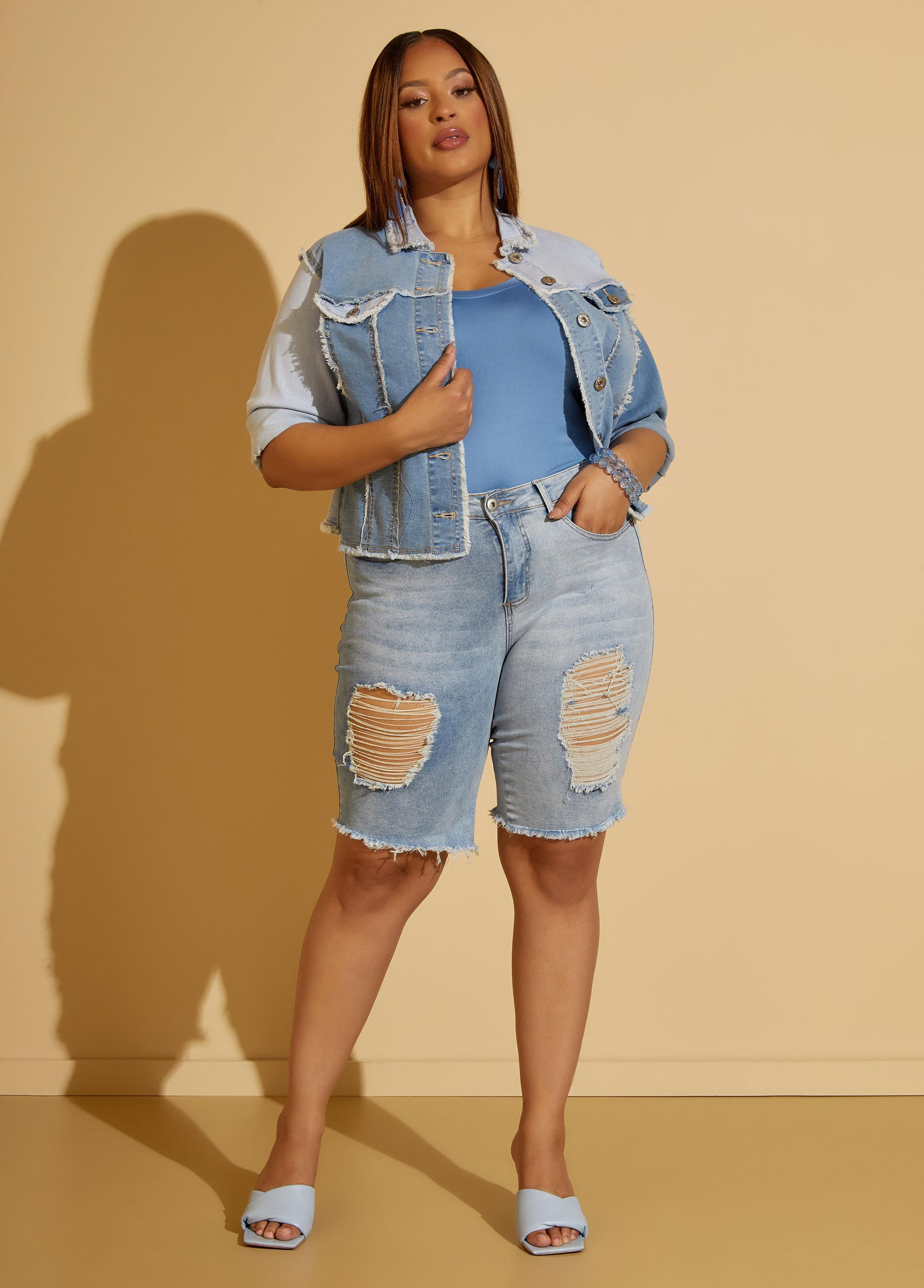 Plus Size Frayed Distressed Denim Shorts Ashley Stewart product image