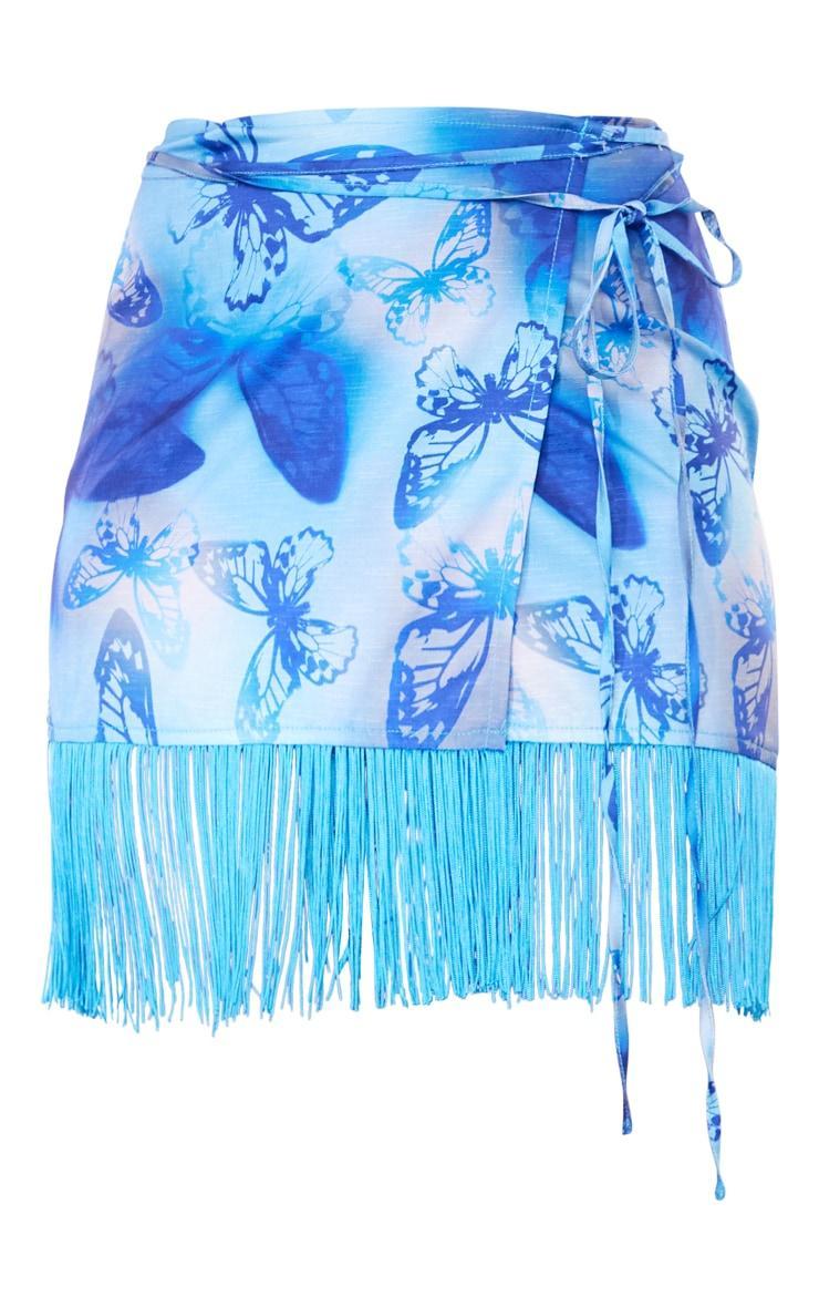 Blue Butterfly Print Tassel Hem Wrap Mini Skirt Product Image