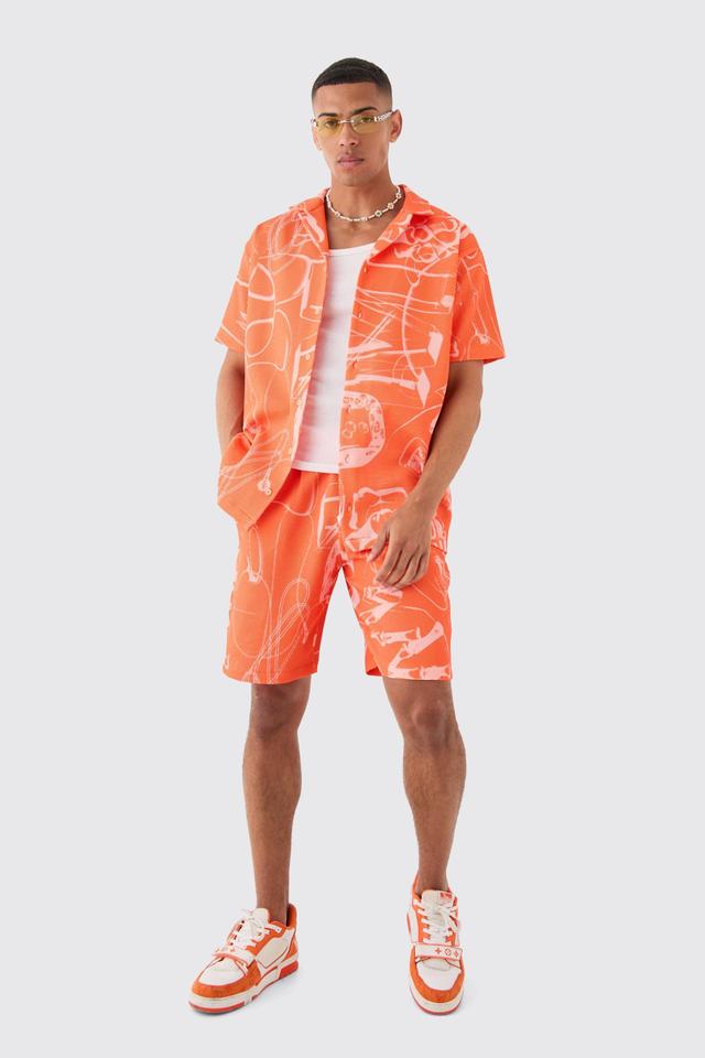 Oversized Doodle Printed Pleated Shirt & Short Set | boohooMAN USA Product Image