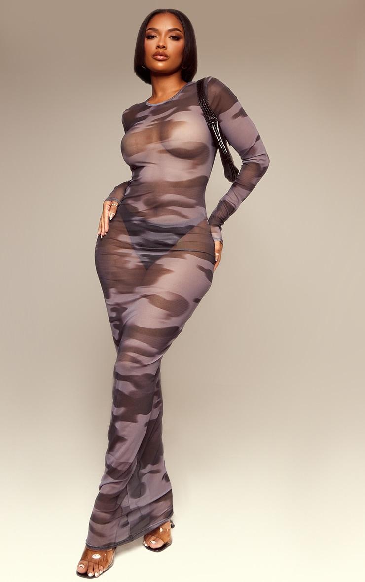 Shape Grey Camo Print Long Sleeve Maxi Dress Product Image