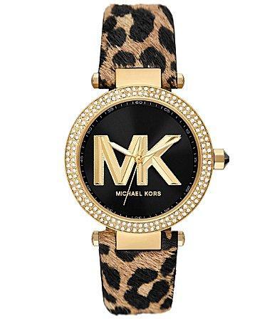 Michael Kors Womens Parker Three-Hand Animal Print Leather Strap Watch Product Image