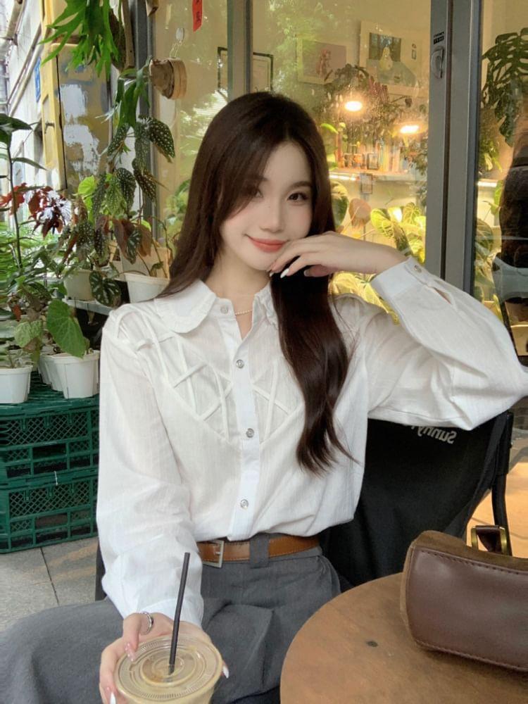 Long Sleeve Peter Pan Collar Plain Lace Up Embroidered Shirt Product Image