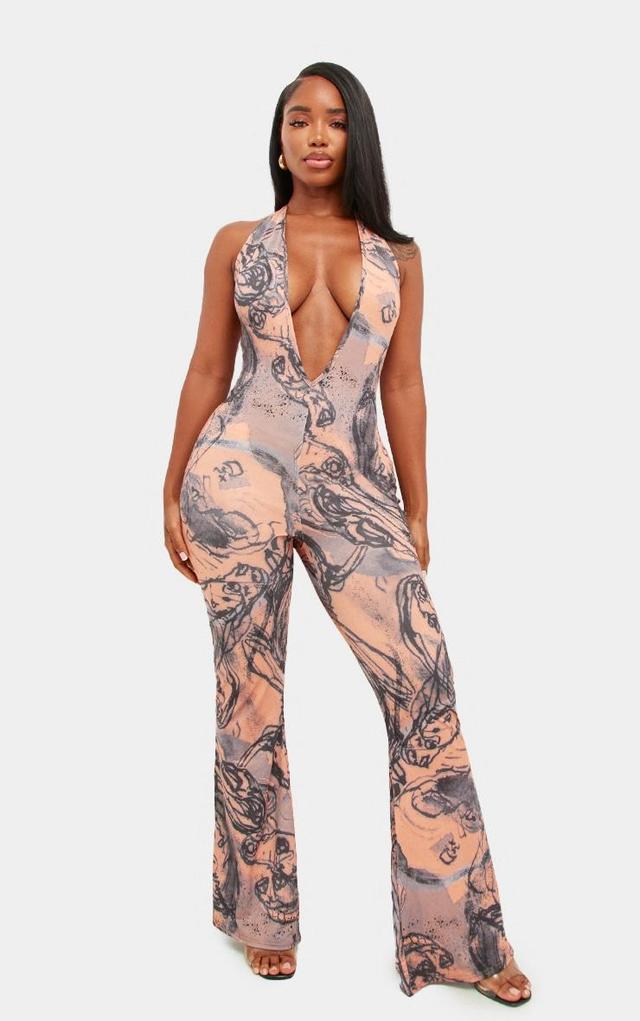 Shape Blue Abstract Printed Slinky Plunge Halterneck Jumpsuit Product Image