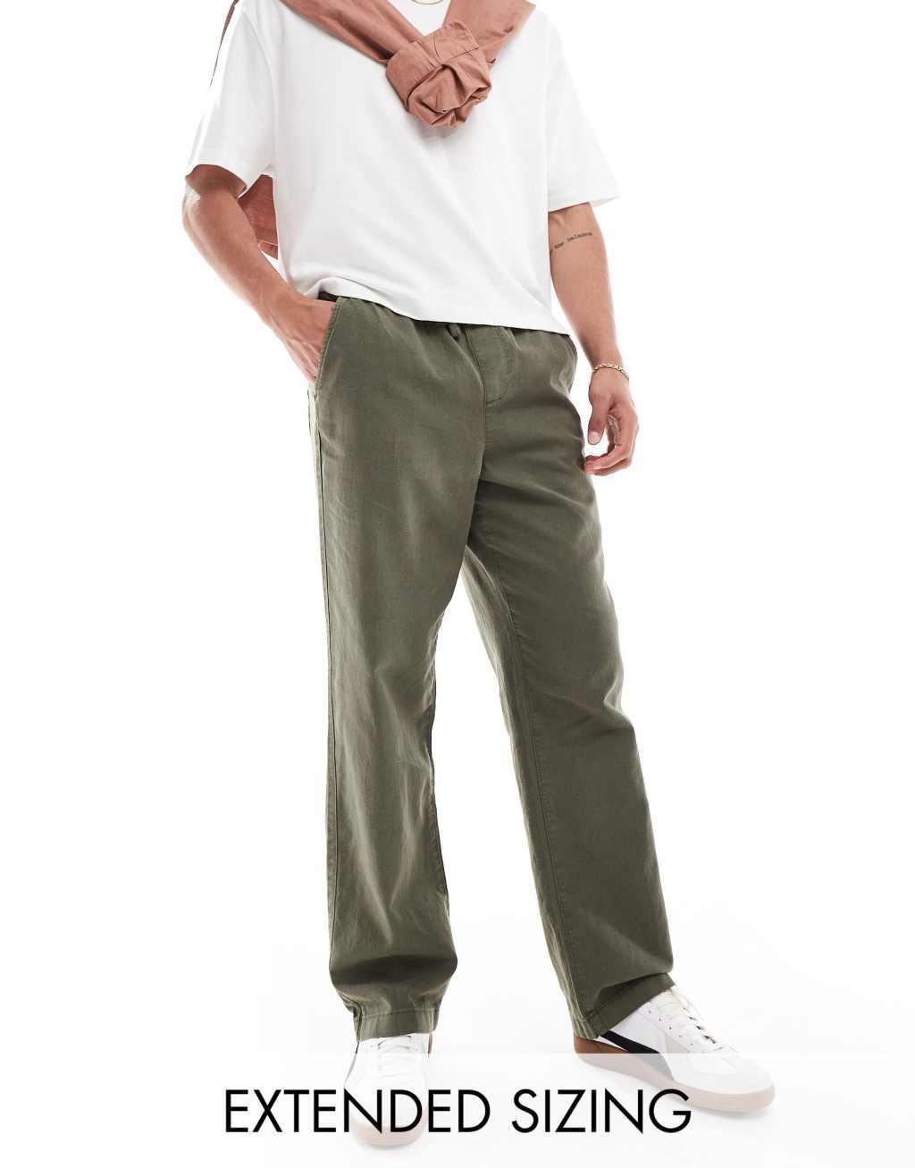 ASOS DESIGN relaxed linen pants in khaki with elasticized waist product image