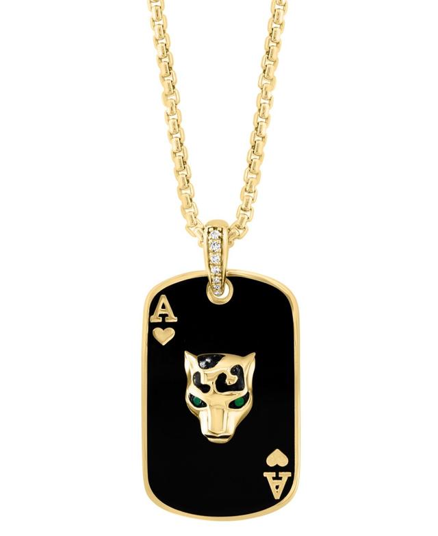 Effy Mens Emerald Accent, & Diamond (1/6 ct. t.w.) Black Enamel Panther Playing Card 22 Pendant Necklace in 14k Gold Product Image