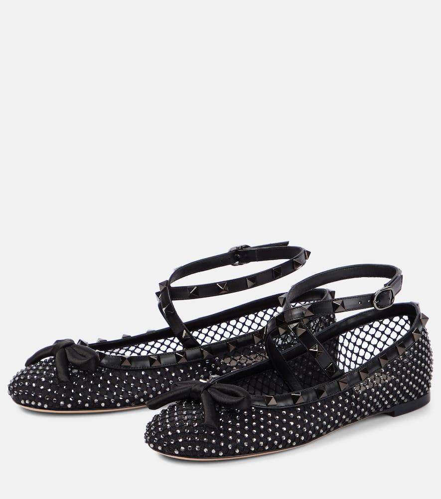 Black Leather And Mesh Rockstud Ballerinas Product Image