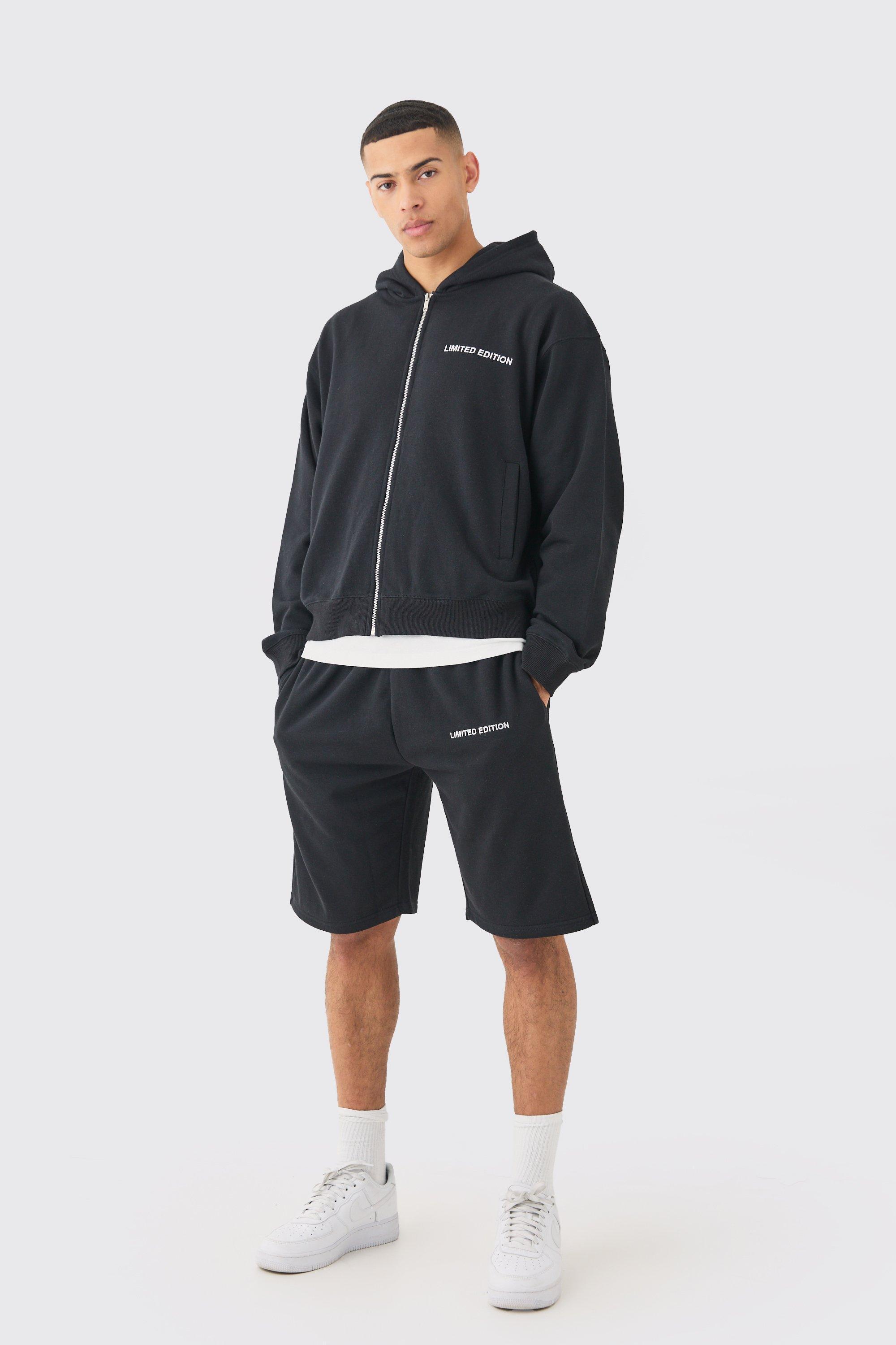 Mens Black Oversized Boxy Zip Through Hooded Short Tracksuit, Black Product Image