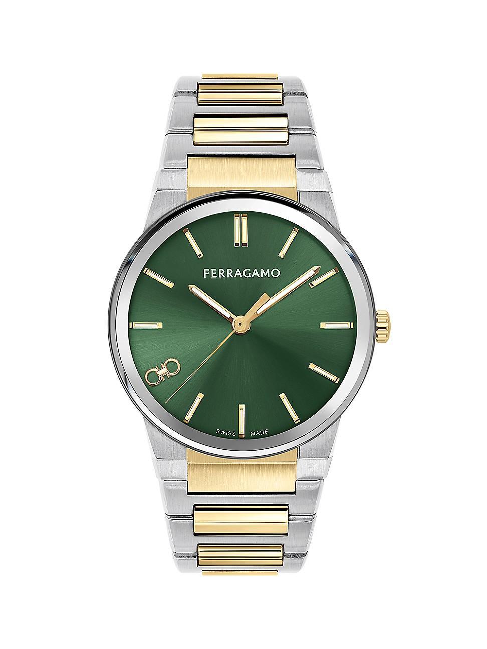 Salvatore Ferragamo Mens Infinity Sapphire Quartz Analog Two Tone Stainless Steel Green Dial Bracelet Watch Product Image