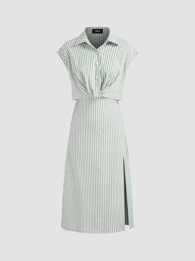 Cotton-blend Collar Striped Split Midi Shirt Dress Product Image