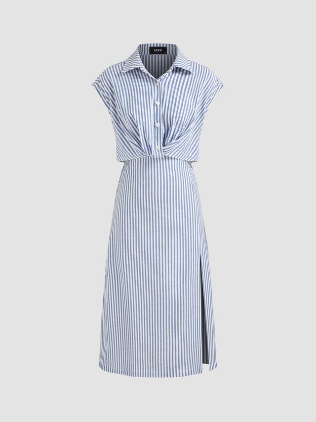 Cotton-blend Collar Striped Split Midi Shirt Dress Product Image