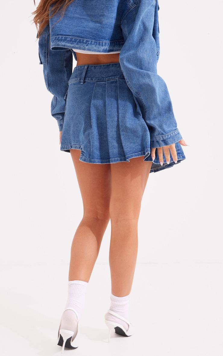 Mid Blue Wash Washed Pocket Detail Asymmetric Micro Mini Denim Skirt Product Image