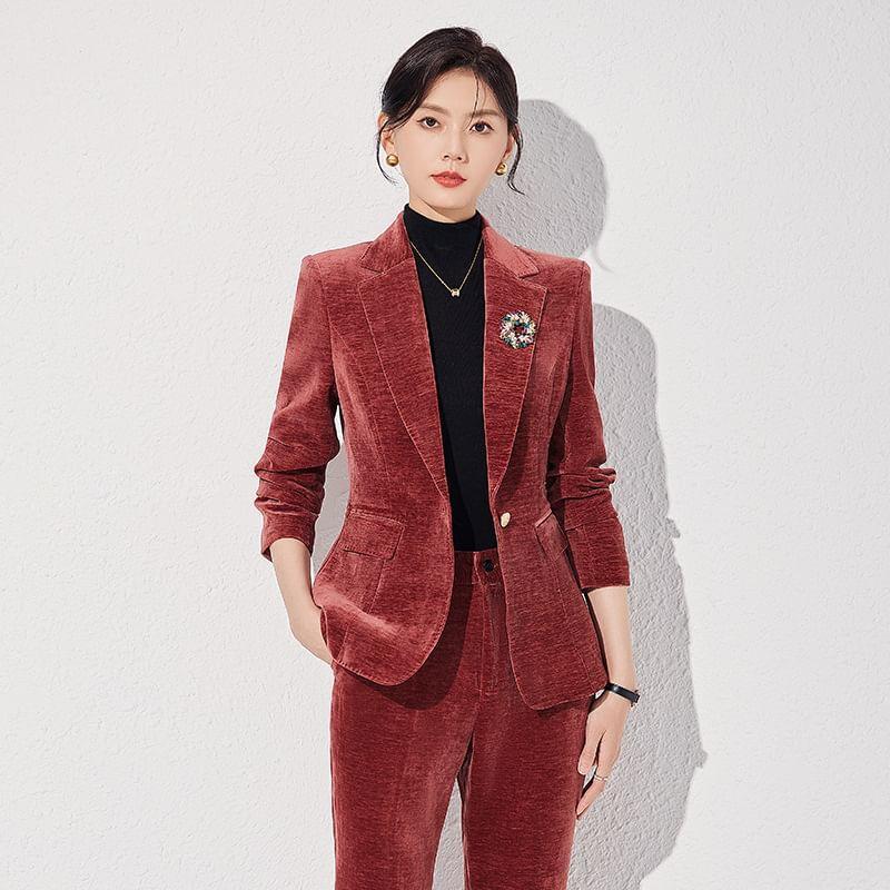 Notch Lapel Plain Velvet Single Breasted Blazer / High Rise Flared Slacks / Set Product Image