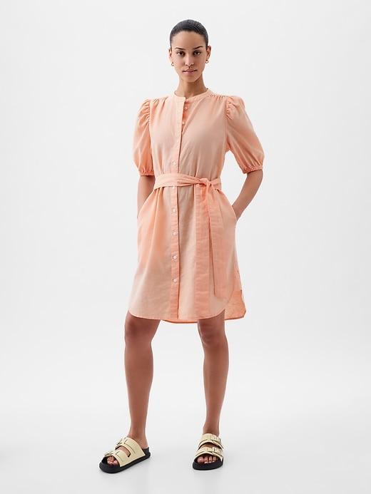 Linen-Cotton Puff Sleeve Mini Shirtdress Product Image